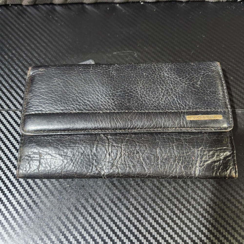 Vintage Fossil Black Genuine Womens Trifold Wallet W/ Outer Zipper Pocket